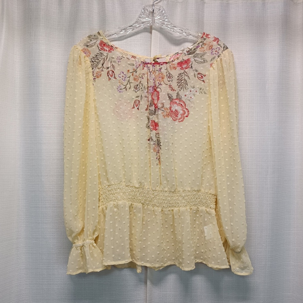Meraki Womens Yellow Swiss Dot Floral Smocked Peplum Blouse Size M Cottagecore